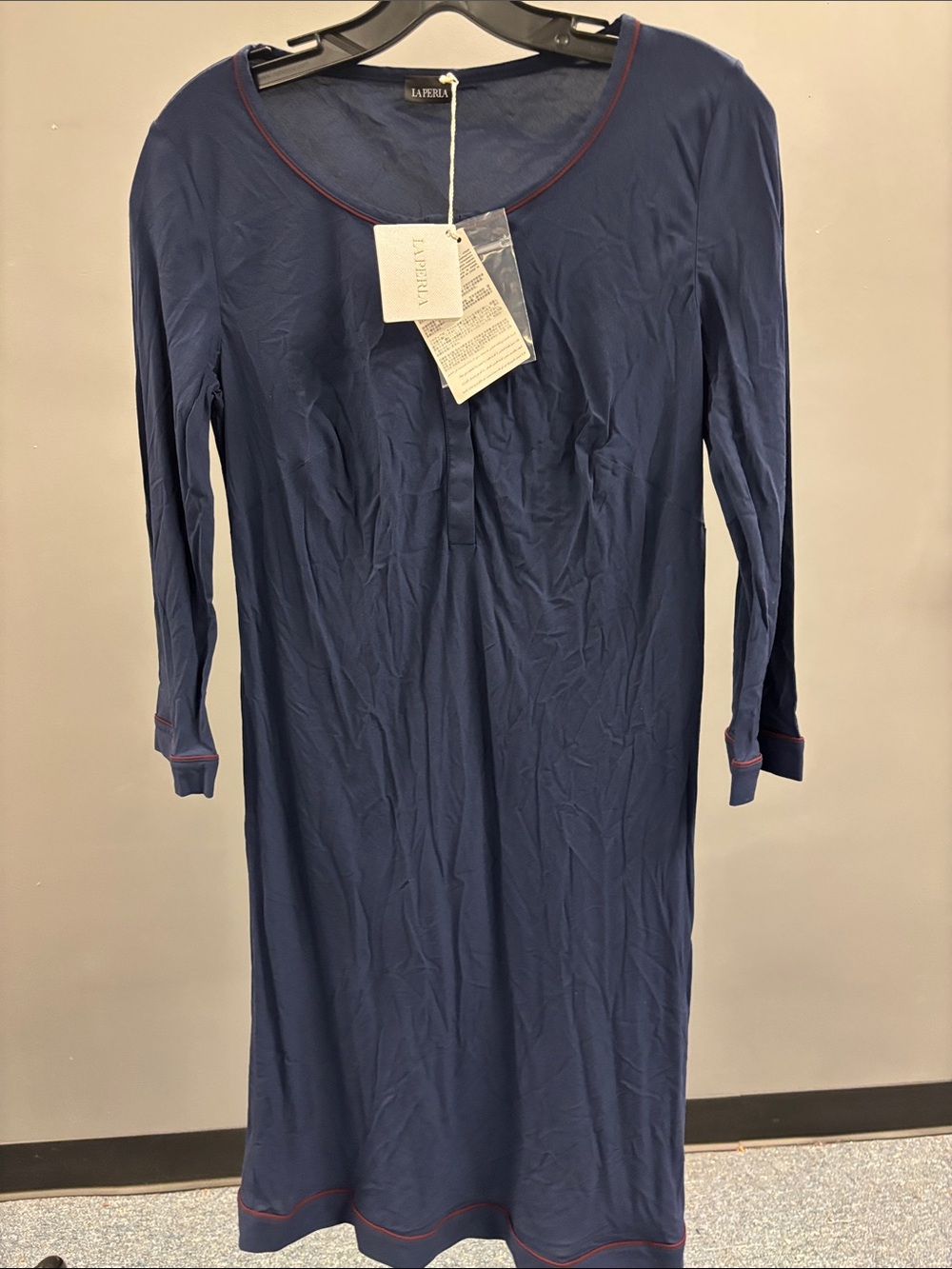 La Perla Navy Long Sleeve Nightgown with Pink Trim